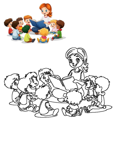 A friendly cartoon teacher reads a storybook to a diverse group of happy children sitting on the floor, an engaging educational scene.