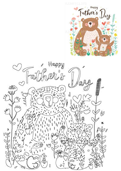 Cute Fathers Day card featuring two happy bears (papa and baby) surrounded by colorful flowers. Includes a blank outline for creative crafts.