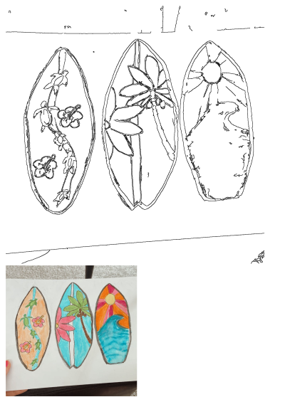 Hand drawn surfboard designs featuring turtles, palm trees, and sunsets. Includes outlines and a colorful example.