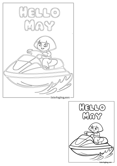 Black and white outline of a cartoon girl happily riding a jet ski, with 'Hello May' text above, ready for coloring.