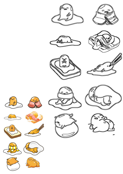 Gudetama lazy egg illustrations, featuring the character with ham, bacon, and toast in various poses, both colored and outline versions.
