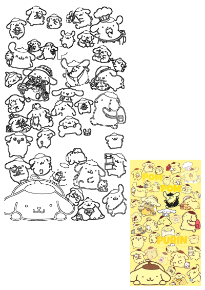 A delightful collection of Pompompurin cartoon characters in various adorable poses on a vibrant yellow background, featuring Sanrio's beloved golden retriever.