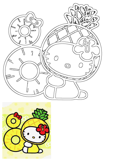 Cute Hello Kitty fan art featuring the character dressed as a pineapple, alongside two pineapple slices forming the number eight.