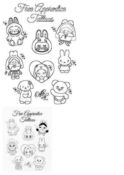 Free apprentice tattoo designs featuring cute outlined animal and character illustrations like bunnies, a dog, a bear, and a girl.