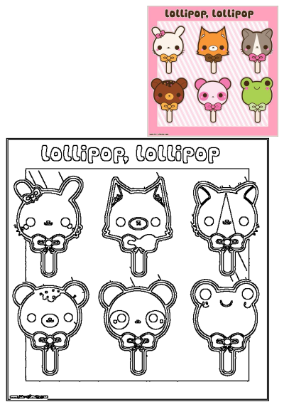 Kawaii animal lollipops featuring cute rabbit, fox, cat, bear, panda, and frog designs on a pink background, with outlines for coloring.