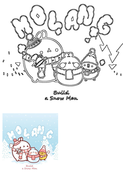 Outline illustration of Molang and friends building a snowman in a snowy winter scene, wearing hats and scarves.
