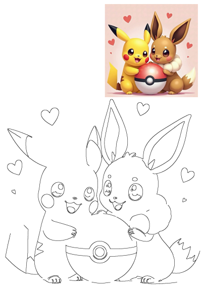 Cute Pikachu and Eevee hug a Pokeball with hearts, presented as a vibrant illustration and a printable outline for coloring.