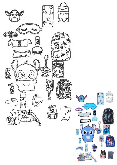 A diverse collection of Stitch-themed merchandise, including plush toys, backpacks, cell phone cases, apparel, and various accessories, displayed on a clean white background.