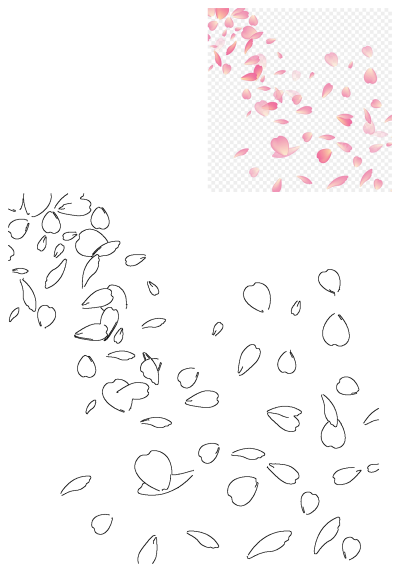 Falling pink flower petals on a transparent background, alongside scattered black outline drawings of petals.