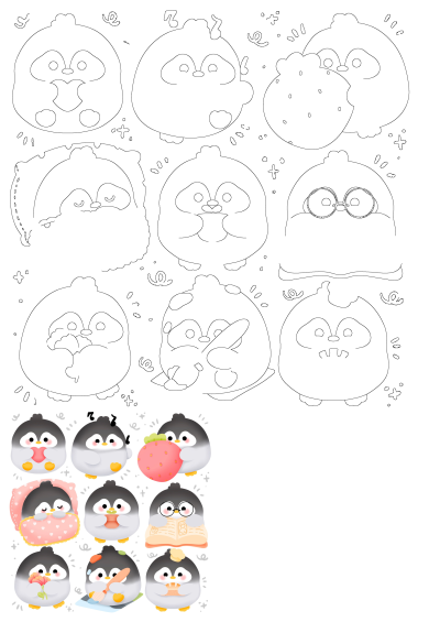 Collection of cute cartoon penguins in various activities, featuring both black outlines for drawing and colorful illustrations.
