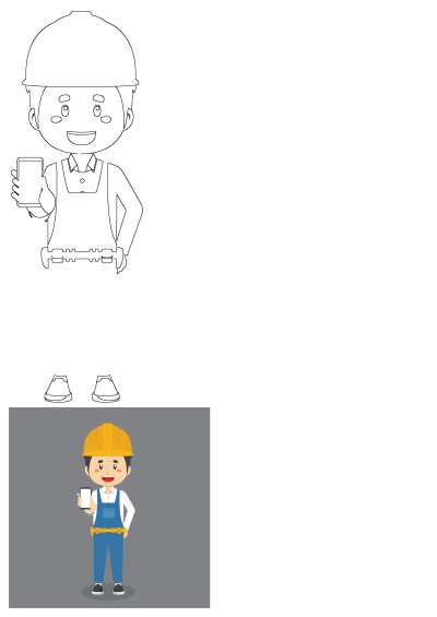 A cheerful cartoon construction worker in a hard hat and overalls, holding up a smartphone, ready for digital communication.