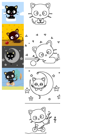 Cute black cartoon cat characters in diverse scenes: on a cloud, playing with a ball, on a moon, and riding a bike. Various colorful illustrations showcasing different activities.