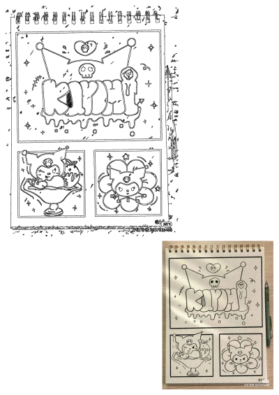 Black and white kawaii Kuromi Sanrio character doodle art sketch on a notebook page, featuring various poses and skull details.