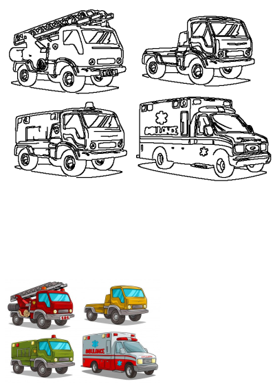 Cartoon fire truck, ambulance, and tow truck illustrations. Features both black outline and vibrant colored versions of emergency vehicles.