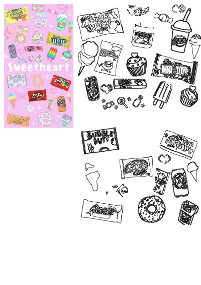 A vibrant sweetheart candy assortment on a pink background, showcasing popular treats, sweets, and their corresponding black and white outlines.