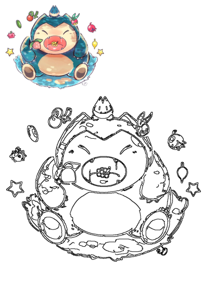 Snorlax, the beloved Pokemon character, shown joyfully eating a variety of colorful fruits in this delightful cartoon illustration.