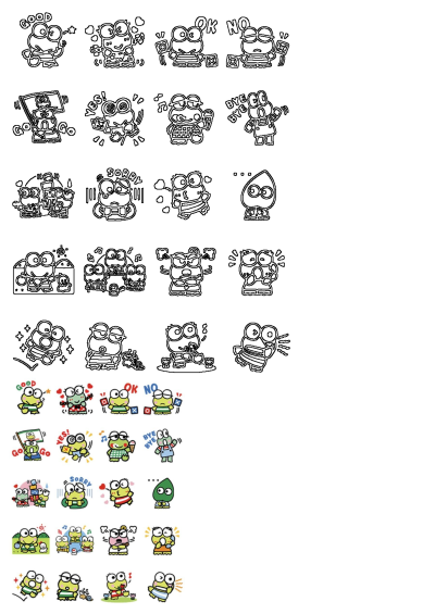 Keropi character stickers in varied sizes and colors, showcasing both black and white outlines and vibrant colored expressions.