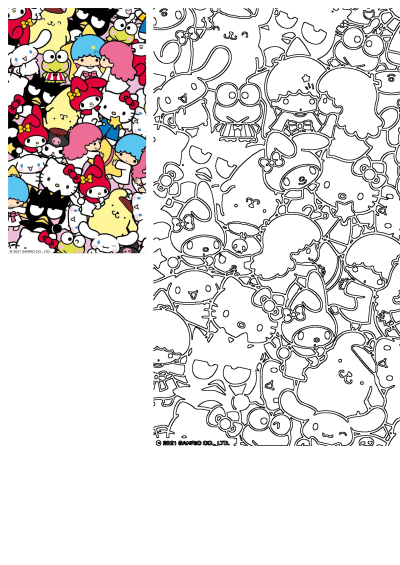 Vibrant cartoon characters pattern with Hello Kitty, My Melody, Keroppi, and more Sanrio friends, plus a matching outline version.