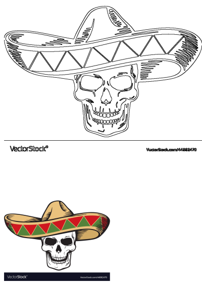 Illustration of a skull wearing a traditional Mexican sombrero, showing both a black outline and a colorful version reflecting Mexican culture.