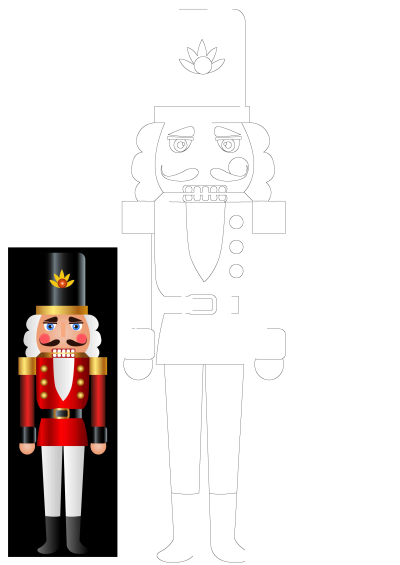 Outline of a traditional nutcracker soldier figure, ready for customization. Features hat, mustache, uniform, and boots. Perfect template for drawing.
