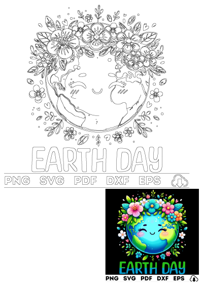 Celebrate Earth Day with this adorable smiling planet Earth surrounded by colorful flowers and green leaves, available in PNG, SVG, DXF, EPS formats.