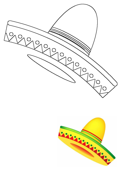 Vibrant yellow sombrero with red and green trim on its brim, isolated on a white background, featuring a matching outline design.