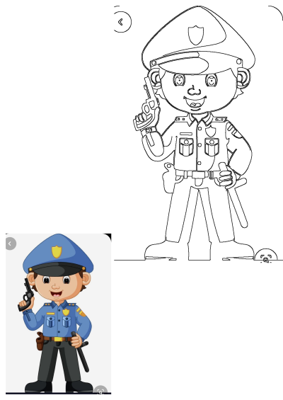 A cartoon police officer holding a gun and a baton, dressed in uniform, alongside a black-and-white outline drawing.