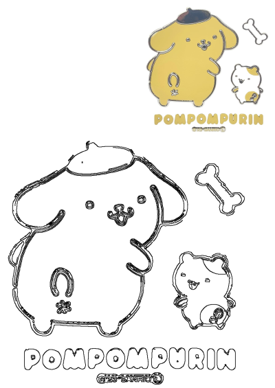 Vibrant Pompompurin, Macaroon, and dog bone character stickers, with outlines also included for fun coloring activities.