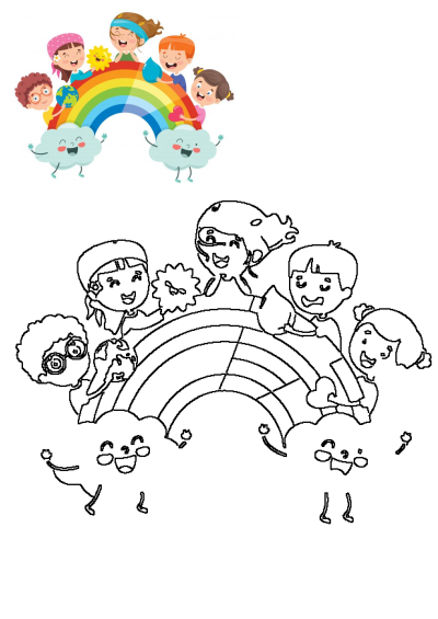 Vibrant illustration of happy, diverse children celebrating around a colorful rainbow and smiling clouds, symbolizing joy and global unity.