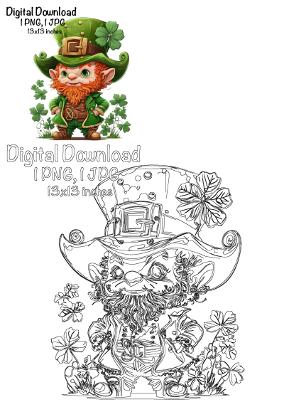 Cheerful cartoon leprechaun with shamrocks for St. Patrick's Day, featuring both a vibrant illustration and line art digital download.