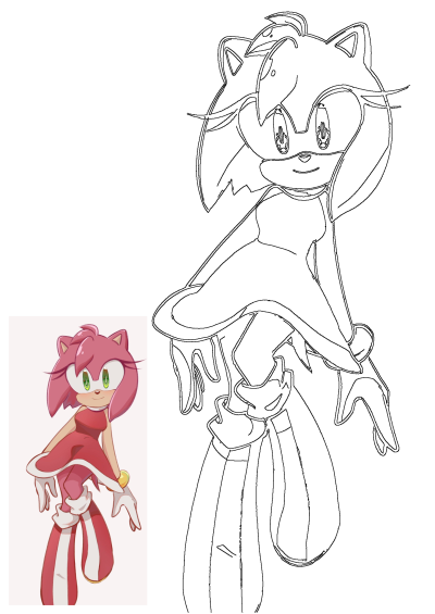 Amy Rose, the beloved Sonic character with vibrant pink hair and a charming red dress, depicted as an outline drawing.