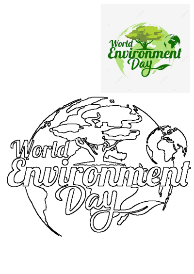 Vibrant green World Environment Day logo featuring a tree, leaves, and Earth, accompanied by a black outline drawing of the design.