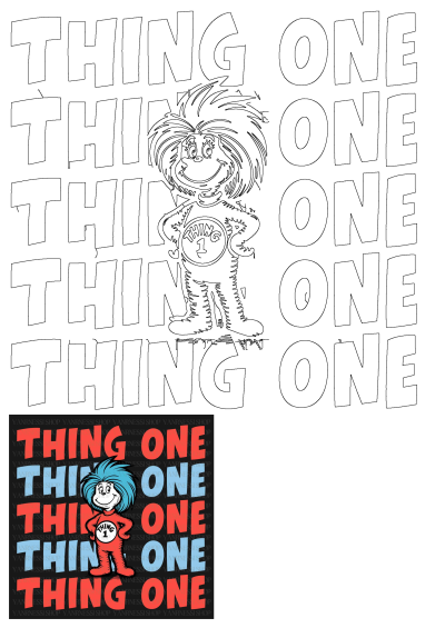 Iconic Dr. Seuss Thing One character design in vibrant red, white, and blue. Features bold 'THING ONE' typography for fans.