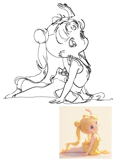 Charming anime illustration featuring Chibi Sailor Moon in a graceful yoga pose, wearing a yellow outfit and looking upward.