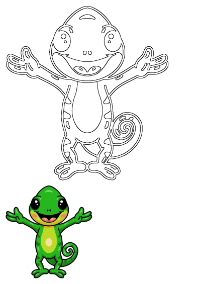 A cartoon green lizard with big eyes smiling, depicted in a vibrant colored illustration and a corresponding black outline.