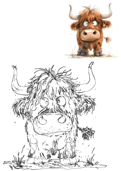 A cute, funny Highland cow clipart illustration with shaggy brown fur, big eyes, small horns, and an ear tag.