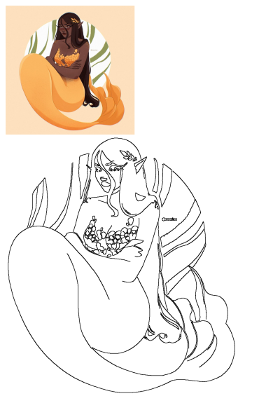 Digital art of a dark-skinned mermaid with a vibrant orange tail, golden scale top, and leafy hair accessory, by Aismarine.