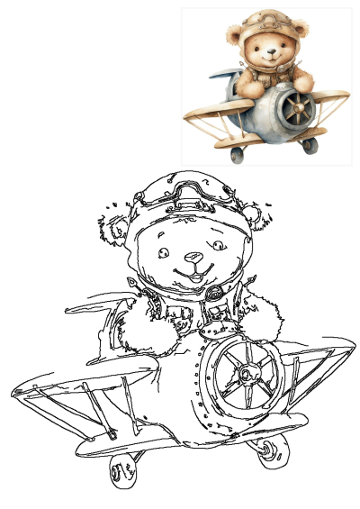 Vintage watercolor teddy bear pilot flying an airplane, depicted as both a colorful illustration and a black outline drawing.