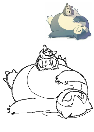 An adorable Snorlax and Mimikyu cartoon illustration. Snorlax peacefully sleeps on its back with Mimikyu resting on its belly. Includes outline version.