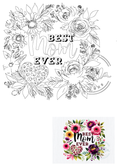 An outline design featuring "Best Mom Ever" text framed by elegant floral elements and a trendy leopard print heart, on a white background.