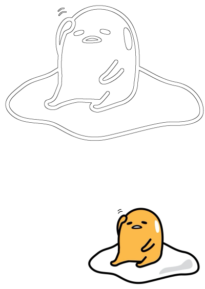 An uncolored outline and a colored illustration of Gudetama, the lazy egg cartoon character with eyes closed.