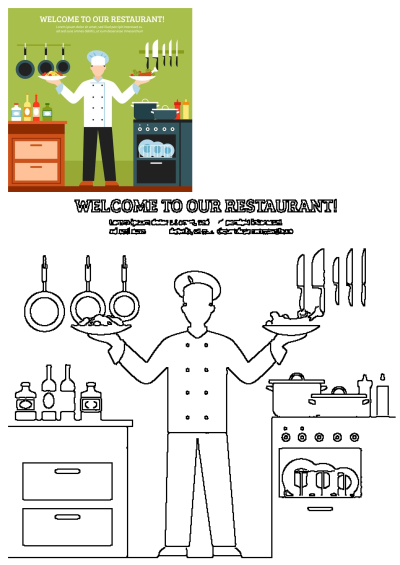 Flat design illustration of a chef presenting two plates of delicious food in a restaurant kitchen with a 'Welcome!' banner.