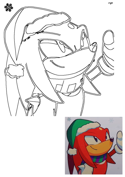 This image features a Cartoon Knuckles Santa Hat Christmas Character in a black and white outline drawing, wearing a festive scarf.