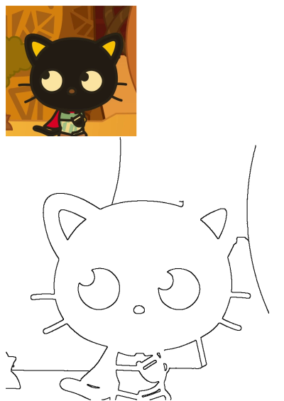 Chococat, a cute black cat cartoon with yellow ears and big eyes, wearing a vibrant red cape over a striped shirt.