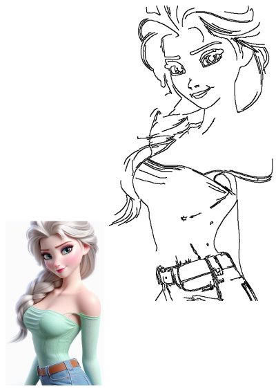 Animated Woman Blonde Hair Blue Jeans Green Top. The image includes a full-color portrait and a line art outline for coloring.