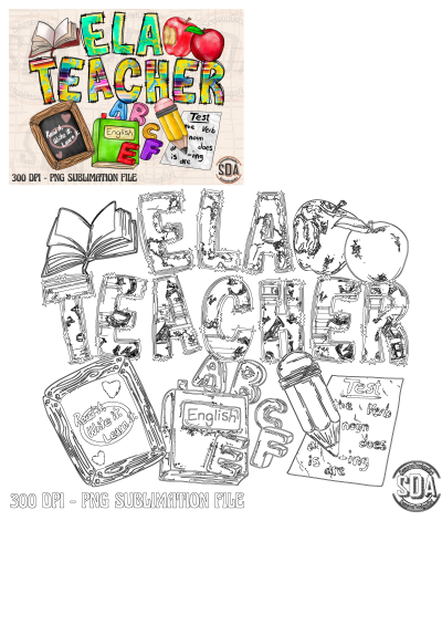 ELA Teacher back to school poster featuring apples, books, pencils, a blackboard, and grammar notes for English Language Arts.