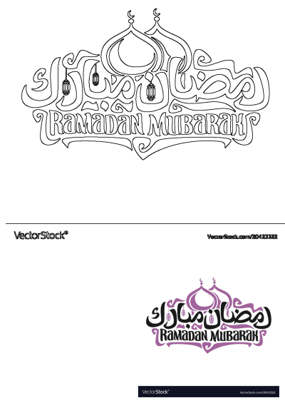 Ramadan Mubarak greeting with elegant black Arabic calligraphy and purple English text, adorned with mosque domes and lanterns.