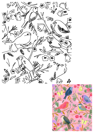 Vibrant illustration featuring colorful birds on tree branches with pink blossoms, green leaves, and yellow butterflies against a pink background.