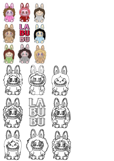 Collection of La Bubu cartoon characters: colorful versions with bunny ears, diverse hairstyles & expressions, plus black/white outlines.