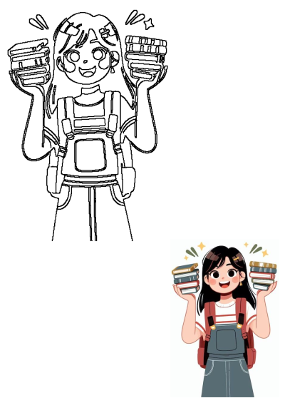 A cheerful cartoon illustration of a girl student in a backpack and overalls, happily holding stacks of books, with stars.